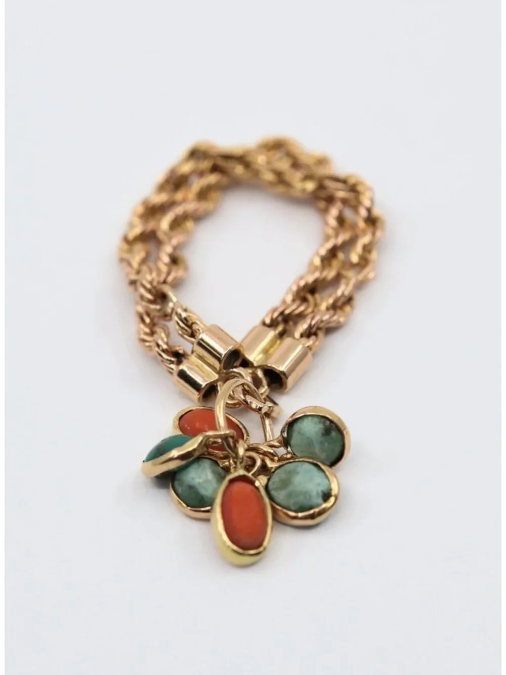 18K Solid Yellow Gold Coral & Turquoise Dangle Double Rope Chain Ring -Size 9.50